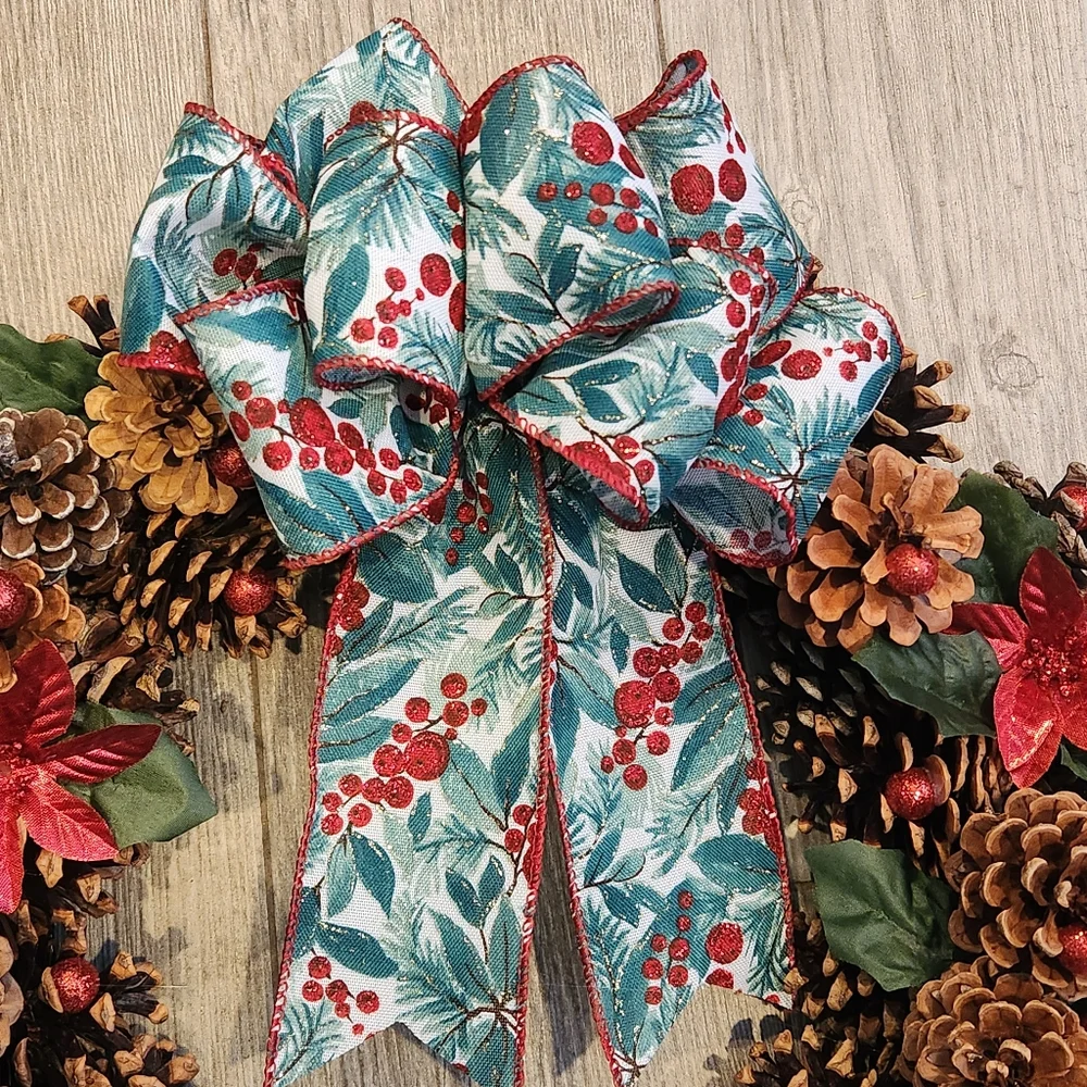 Handmade Rustic Red Poinsettia & Winter Greens Pinecone Wreath